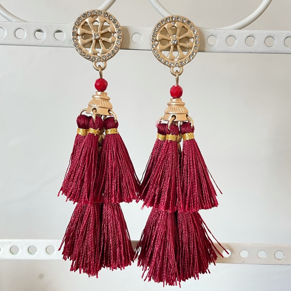 Red & Gold Tone Tassel Tiered Earrings